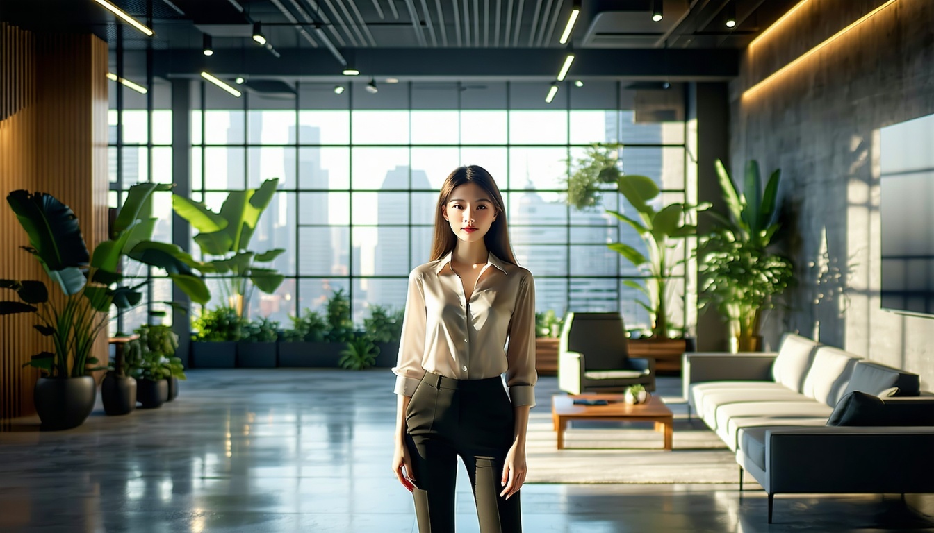 A photorealistic depiction showcases a thai lady in tech half body standing at the forefront of a sleek modern tech office characterized by its expansive open layout Sunlight streams through large floortoceiling windows casting soft shadows on polish