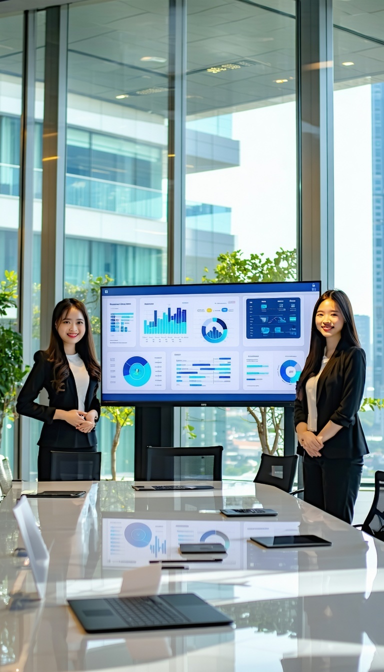 In a sleek contemporary office adorned with glass walls that allow natural light to flood the space a group of friendly Thai businesswomen stands confidently by a large screen They are enthusiastically showcasing innovative AI automation solutions th
