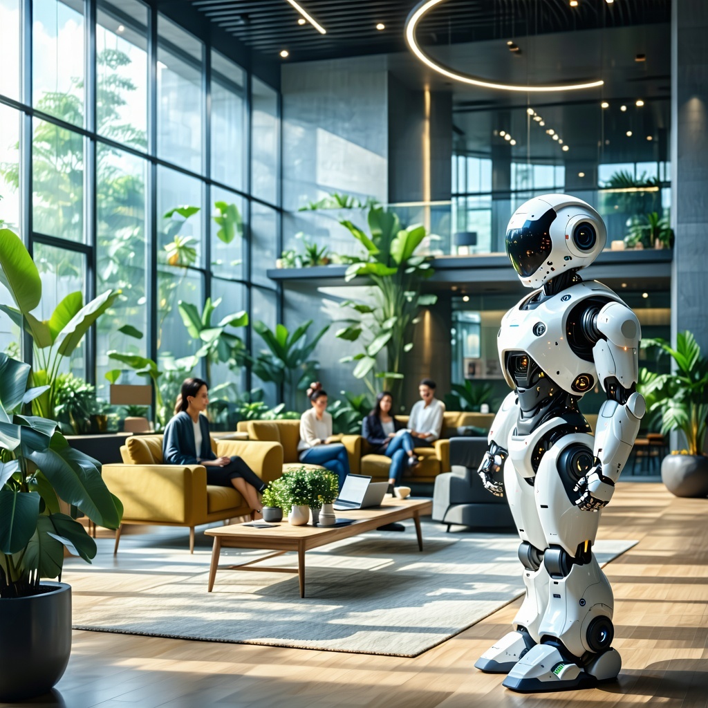 In a vibrant tech office in Bangkok an AI agent seamlessly integrates into the dynamic workspace characterized by expansive open areas and sleek glass partitions that foster collaboration and communication The agent equipped with advanced conversatio-1